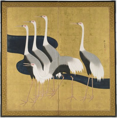 Two-panel Folding Screen Depicting Cranes by Sakai Hoitsu